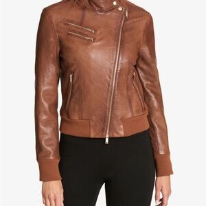 DKNY Women's Genuine Leather Zip Moto Bomber Jacket XS Rum Brown